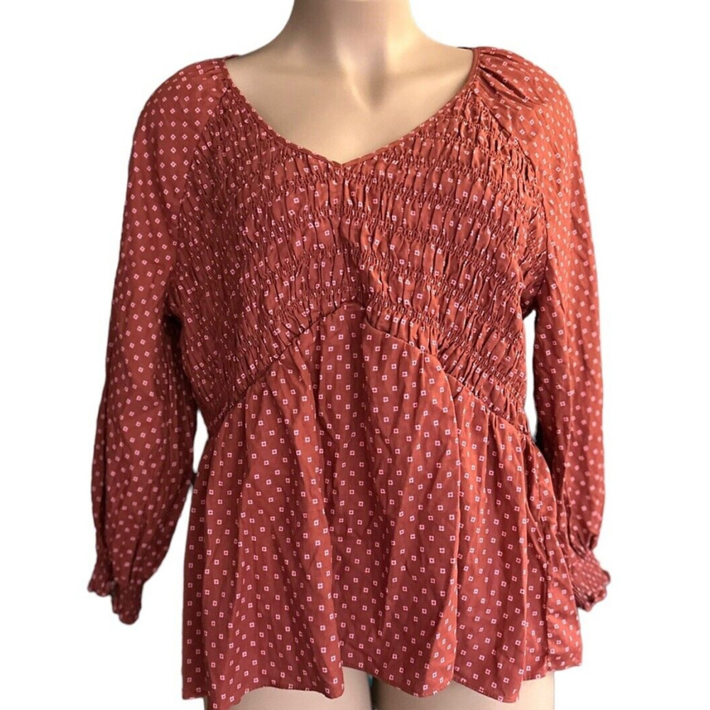 Ava & Viv Smocked Babydoll Top 2X Rust Balloon Long Sleeve Blouse Boho New